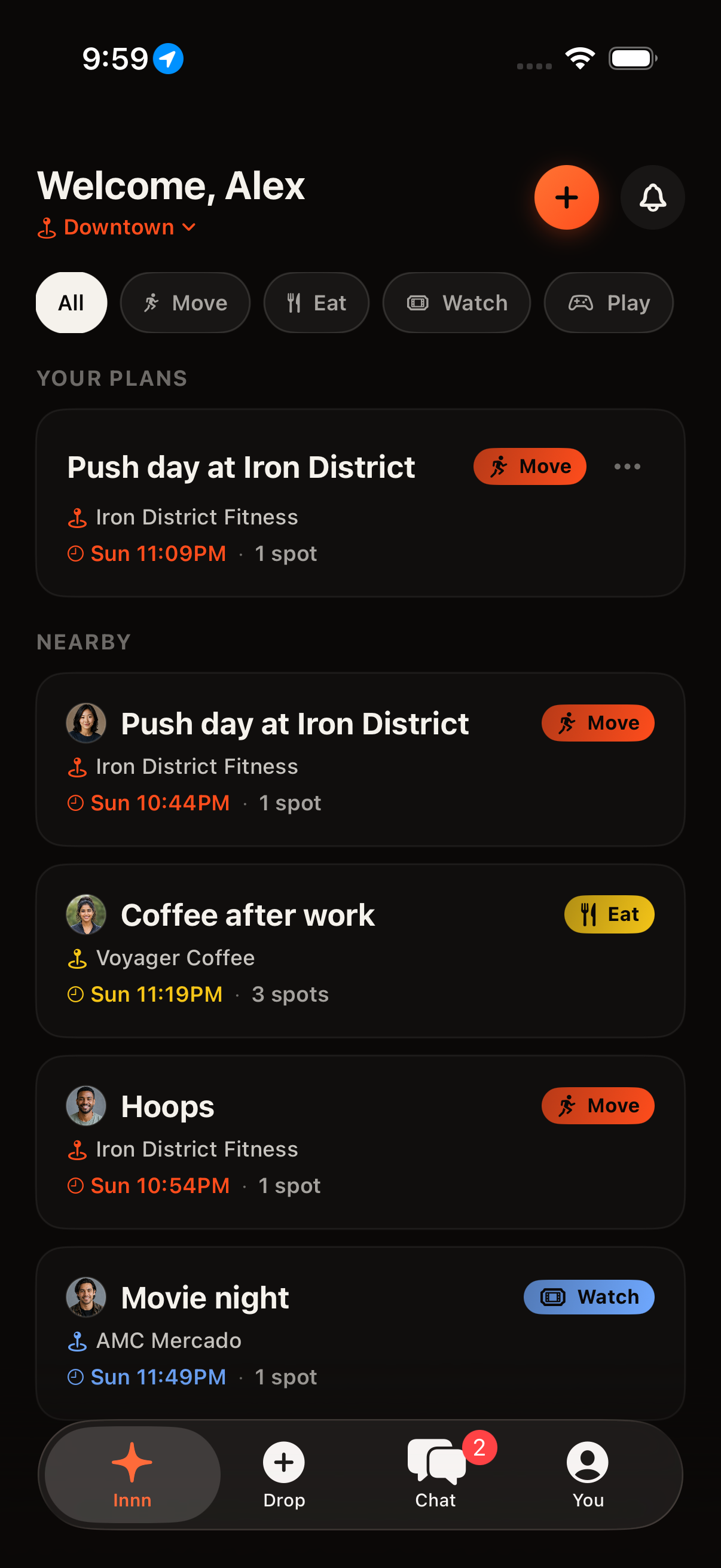 Innn app screenshot showing nearby plans